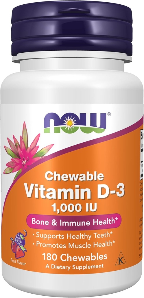 AHORA Suplementos de alimentos, vitamina D-3 1.000 UI, sabor natural de frutas, soporte estructural*, 180 Chewables