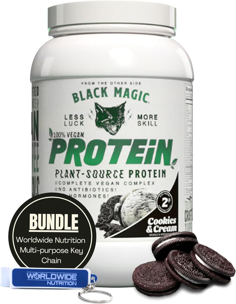 Worldwide Nutrition Bundle Compatible con Black Magic Multi-Source Protein Powder - Vegan Cookies y Cream peru High Protein Powder, Low Carb, Low Sugar ← Whey, Egg & Casein Blend - 2 LB with Keychain