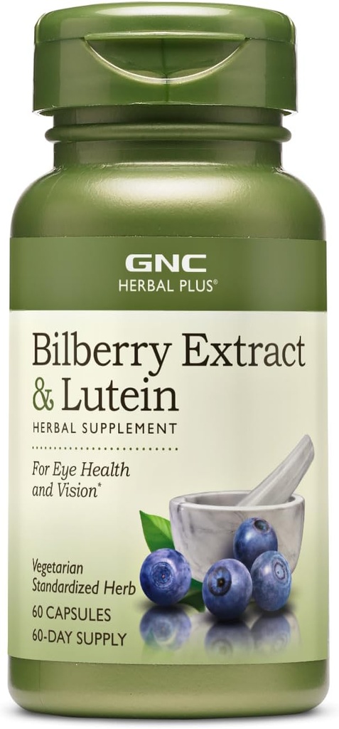 GNC Herbal Plus Bilberry Extract y Lutein Suplemento, Vegetariano, apoya la salud de ojos y visión, 60 servicios