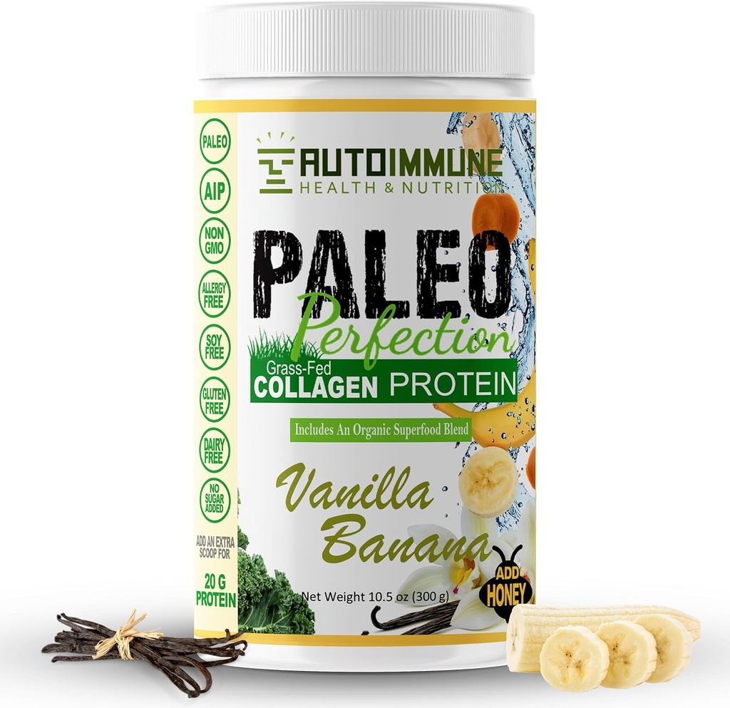 Paleo Perfection Vainilla Banana Grass Fed Beef Collagen Protein Powder sin Stevia - Paleo, Keto, SCD, AIP Protein Powder con Apple Fiber, Carrot " Broccoli - 300g Protein Powder " Superfood Blend