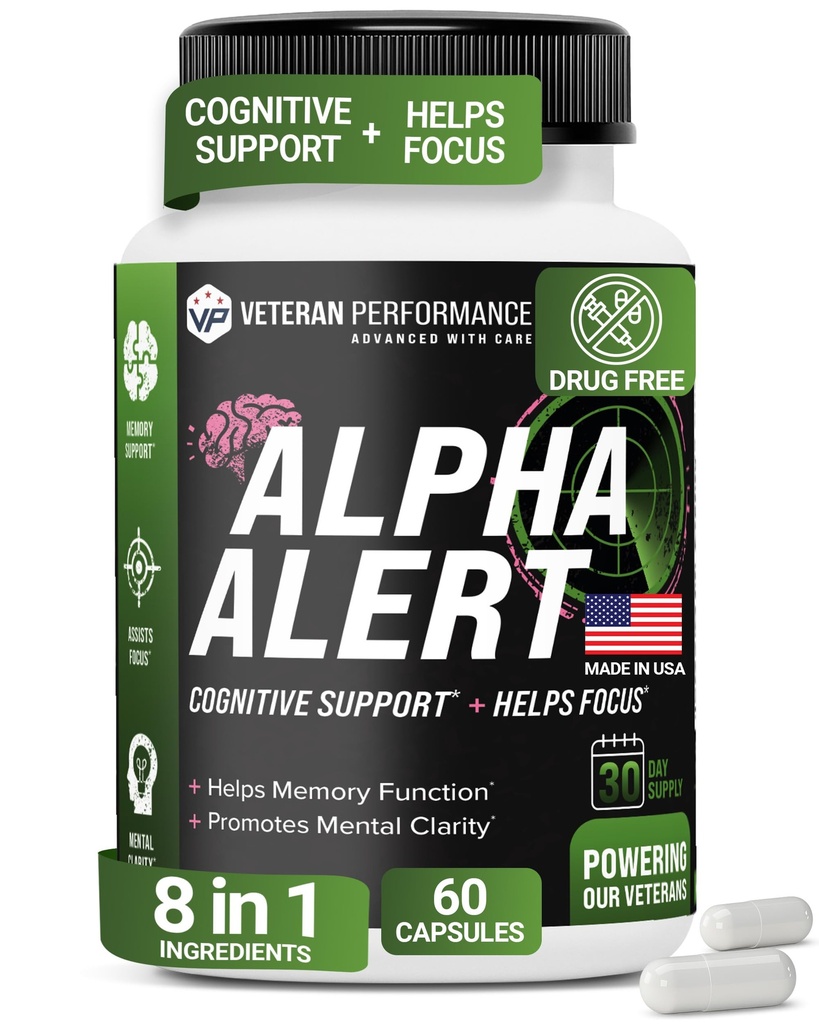Alerta alfa – Suplementos cerebrales propios de Veterano para la memoria y el foco – Terceros testados, Suplementos de memoria nootrópicos sin gluten - 60 cápsulas vegetarianas