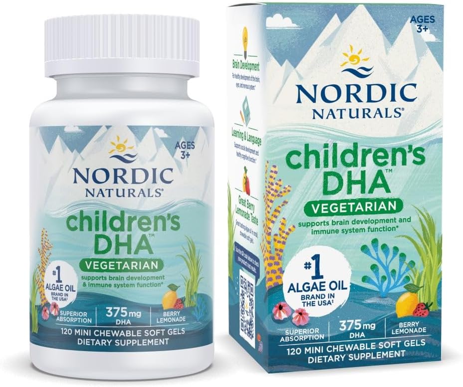 Nordic Naturals Niños DHA Vegetarian - Niños DHA Omega-3 Suplemento -Aceite de algas - Limonada de Berry Mini Chewables - Fórmula de base vegetal para edades 3+ - 120 Gels blandos - 40 Servimientos