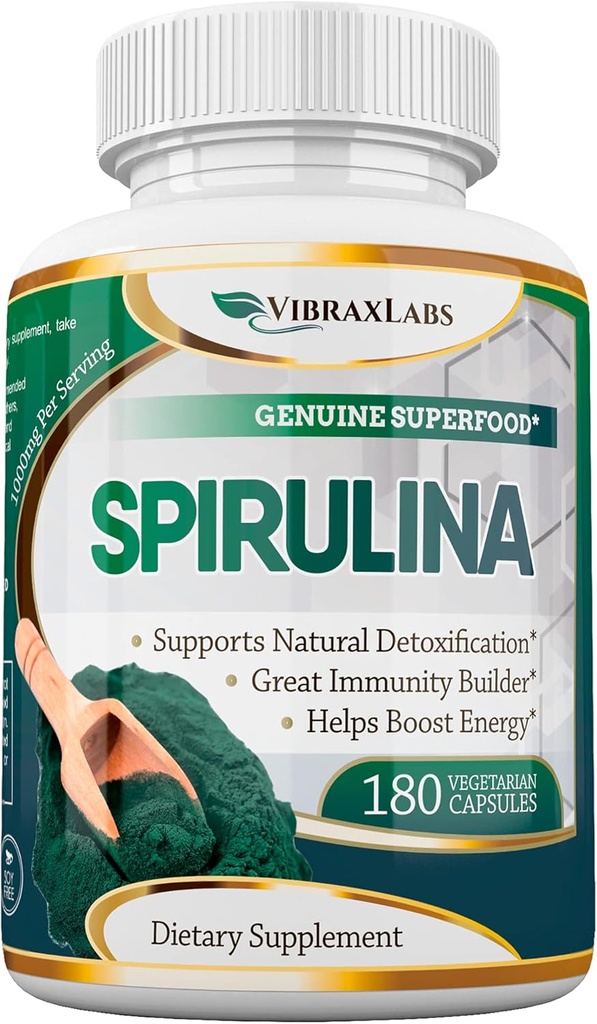 Vibraxlabs Spirulina Capsules – 100% Puro 1000mg Servir (500mg Veggie Capsules) Suplemento de Polvo, Admite Detoxificación Natural, Beneficios Salud en un Nivel Celular, Mejor con Clorella
