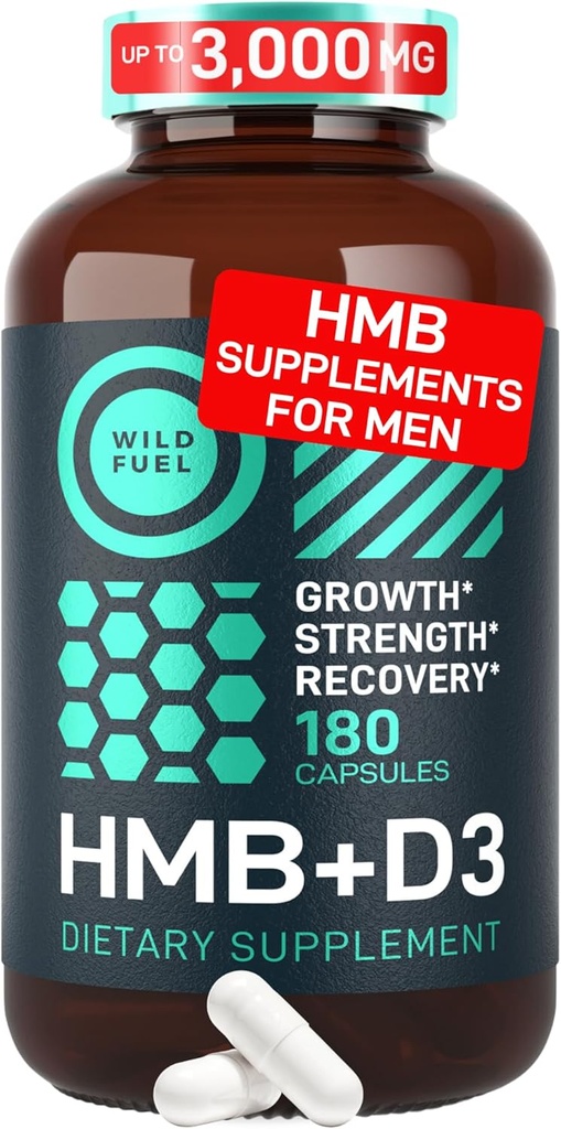 WILD FUEL 3000mg HMB Suplemento Plus Vitamina D3 - Crecimiento muscular, fuerza, recuperación rápida HMB Suplementos para hombres y mujeres - Calcium Beta-Hydroxy Beta-Metilbutyrate - 180 cápsulas