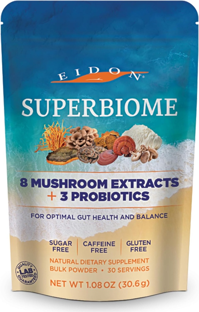 Eidon SuperBiome, Mushroom Probiotics Powder Blend, Gut Balance, Microbiome Health Supplement with Organic Reishi, Chaga, Lion's Mane, Cordyceps, Turkey Tail, Shitake, Maitake, Phelinus, 30 Servings