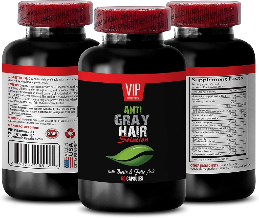 Mejores Naturales Anti-Pelo Gris - Anti-Pelo Gris para Hombres y Mujeres - Regresar su estilo - Stops Grey Hair Change - catalase para el cabello gris - Suplemento de pelo anti-gris - Hair Support Vitaminas 1Bot 60Caps
