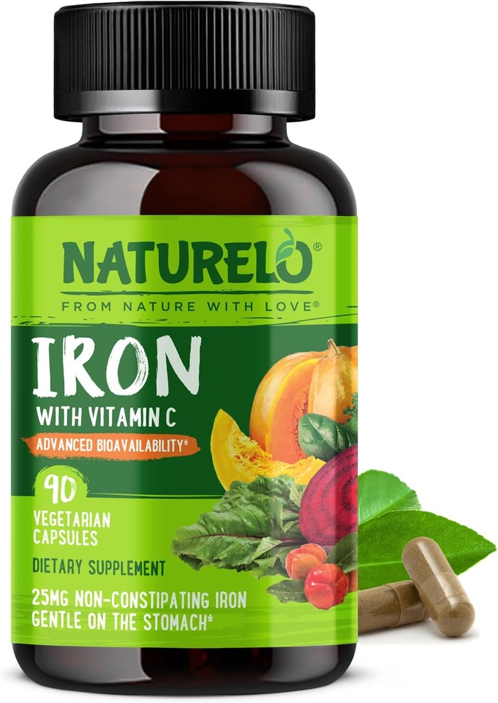 NATURELO Suplemento de hierro vegano con vitamina C y alimentos integrales orgánicos - píldoras suaves de hierro para hombres con deficiencia de hierro incluyendo embarazo, anemia y dietas vegas - 90 cápsulas mini