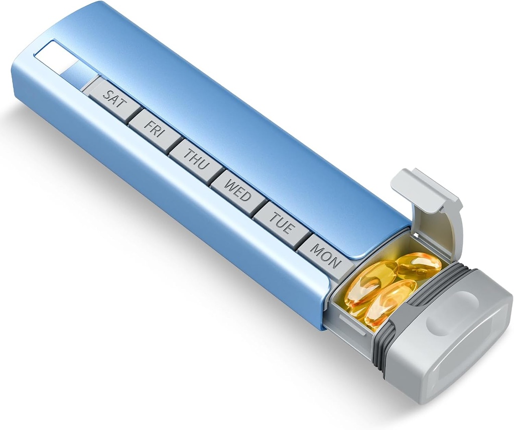 Travel Pill Organizer Weekly, 1 Time a Day ，Upgrade Premium Aluminum Alloy Daily Pill Box 7 Day, Portable Metal Pill Case, Cute Pill Holder to Hold Vitamins, Medicines, Pills, Supplements (Blue)