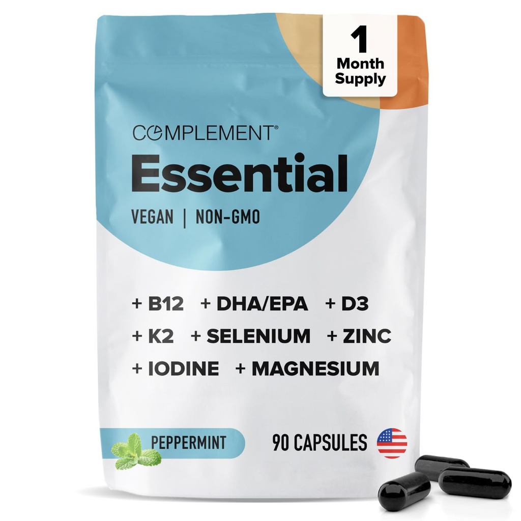 Complement Essential Vegan Multivitamin for Women & Men - Immune Support Supplement with Omega-3 DHA & EPA, B12, Vitamin D3 & K2, Zinc, Selenium, Magnesium, Iodine (30 Servings, 90 Capsules)