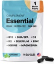 Complemento Esencial de Multivitamina Vegana para Hombres y Mujeres (30 Servimientos, 180 cápsulas) con Omega-3 DHA &amp; EPA, B12, Vitamina D3 &amp; K2, Zinc, Selenium, Magnesium, Iodine - Apoyo a la Inmunidad &amp; Salud general