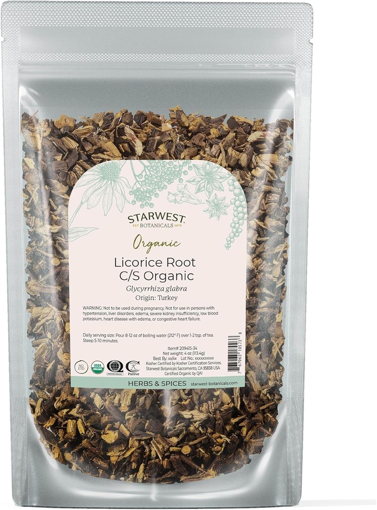 Starwest Botanicals Organic Dried Licorice Root - Herb for Loose Leaf Tea Blends, Candy, " Baked Goods, Cut " Sifted, Certified Kosher, Non-GMO - 4 oz Pouch