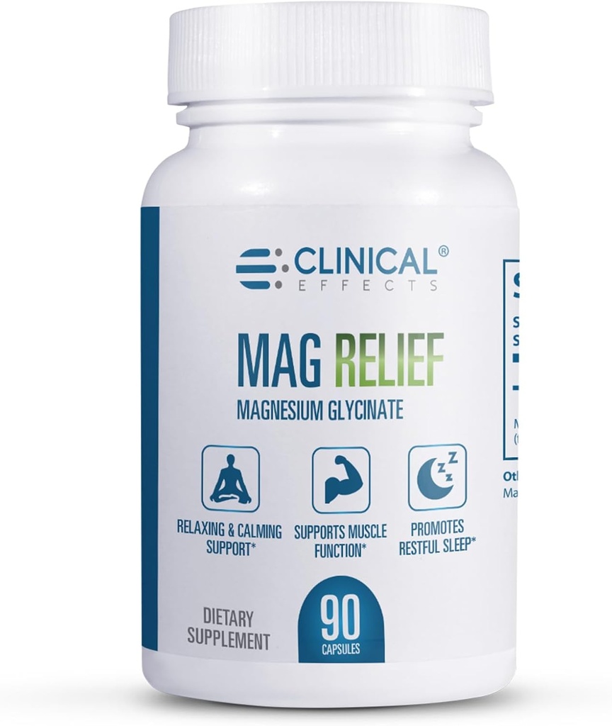 Efectos clínicos Mag Relief Magnesium Suplemento - 275mg Magnesium Glycinate Capsules - 90 cápsulas de magnesio - Magnesio de calidad para la defensa de cáñamo, el hueso, el músculo y el soporte nervioso - USA Made