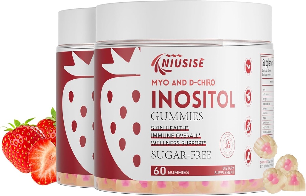 Inositol Gummies, Inositol Suplemento con Myo-Inositol & D-Chiro Inositol + Vitamina D3, Ideal 40:1 Ratio, con Magnesium Glycinate 400mg, soporta ciclo regular para las mujeres, Vegan, 2 Pack
