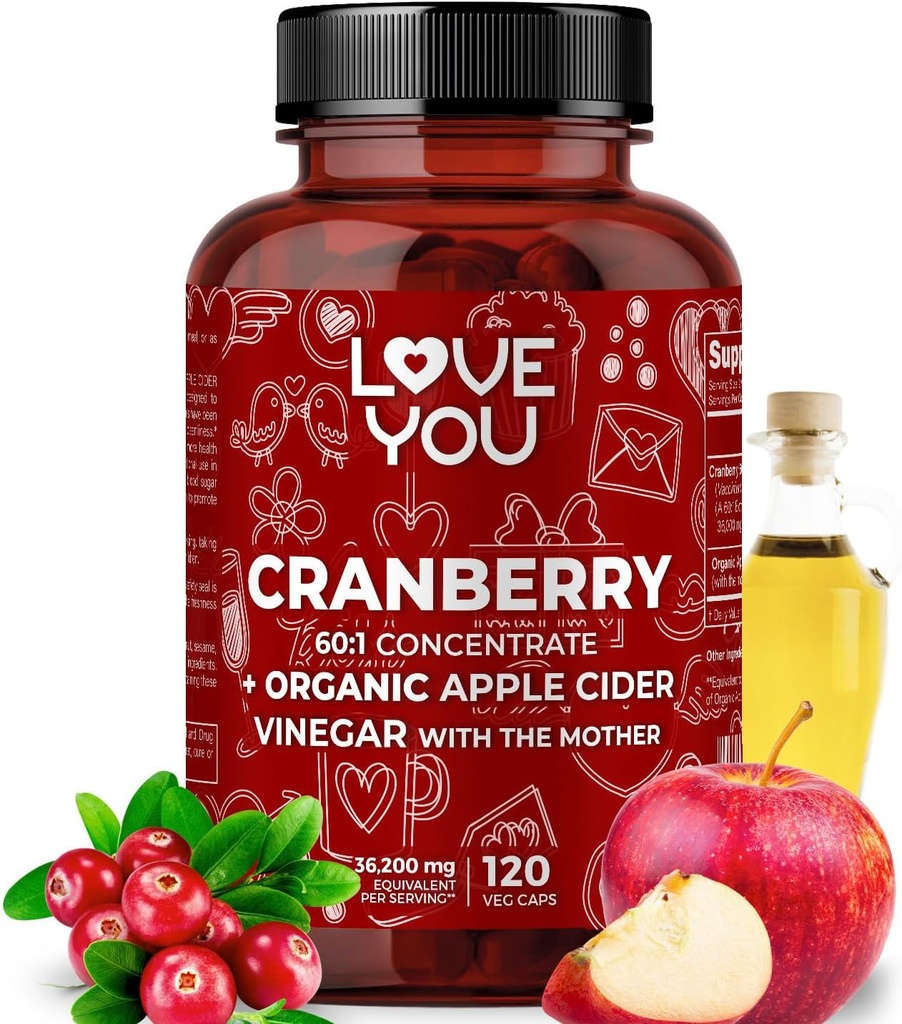 Love You Cranberry 60:1 Extracto + Vinagre de sidra de manzana orgánica – Max Strength 36,200 mg Equivalente – 120 cápsulas veganos – Urinary Tract &amp; Digestive Support