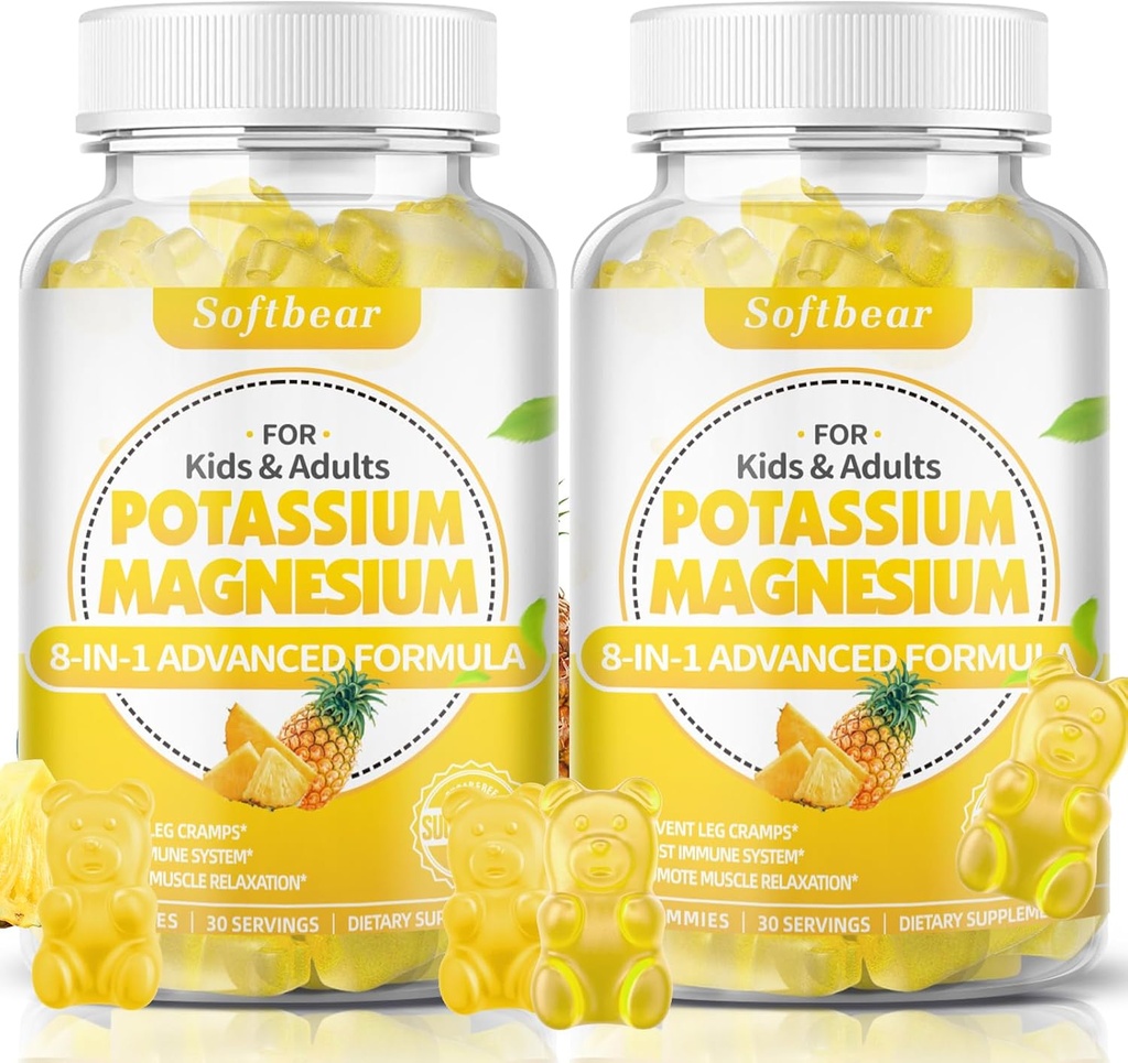 softbear Gummies de Potasio para Adultos, Suplemento de Magnesio de Potasio Libre de Azúcar con Vitamina B6 CoQ10 para Calambres de Muscle