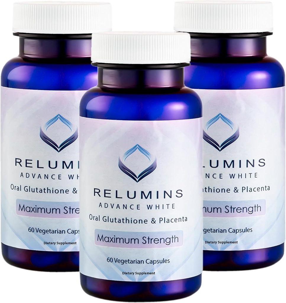 Relumins Advanced White Glutathione Capsules - Max Strength Brightening Suplemento con ALA, Placenta, Rose HIPS & Vitamina C - Lucha contra el estrés oxidativo, apoya Collagen &amp; Made in USA - 3 botellas