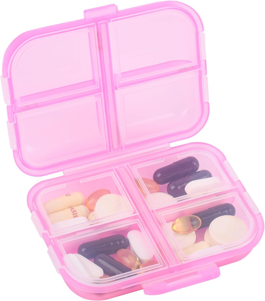 Organizador de píldoras de viaje pequeños 8 compartimentos de presión Caja de tenedor de píldoras - Portable Medicine Container Case - Daily Weekly Medication Organizer
