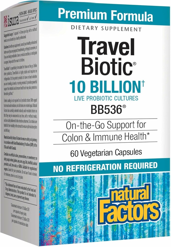 Factores naturales, TravelBiotic, apoya la salud fría e inmunitaria, suplemento probiótico estable de la plataforma, 10 millones de CFU, Vegan, 60 cápsulas (60 porciones)