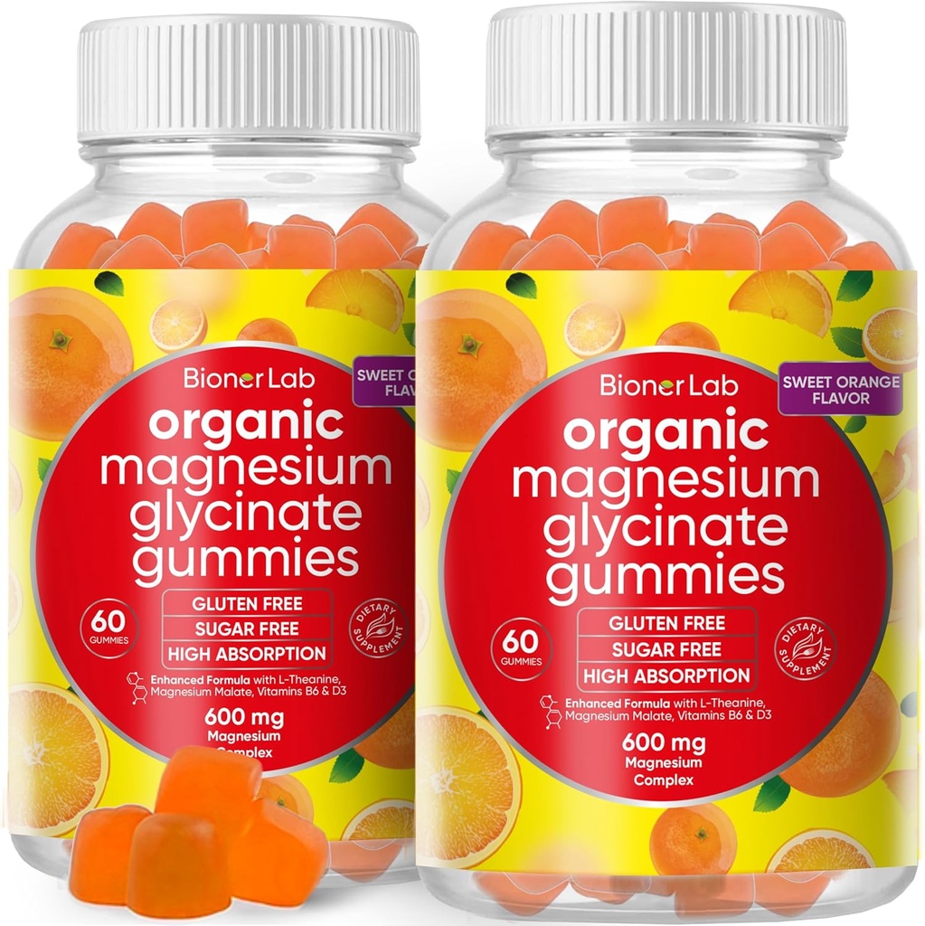 BionerLab Magnesium Glycinate Chewable Gummies (600mg) for Kids &amp; Adults Women Men - Complejo Vegan con Calcio Potasio Vitamina D B6 L-Theanine - Azúcar &amp; Gluten Gratis - Orange Flavor