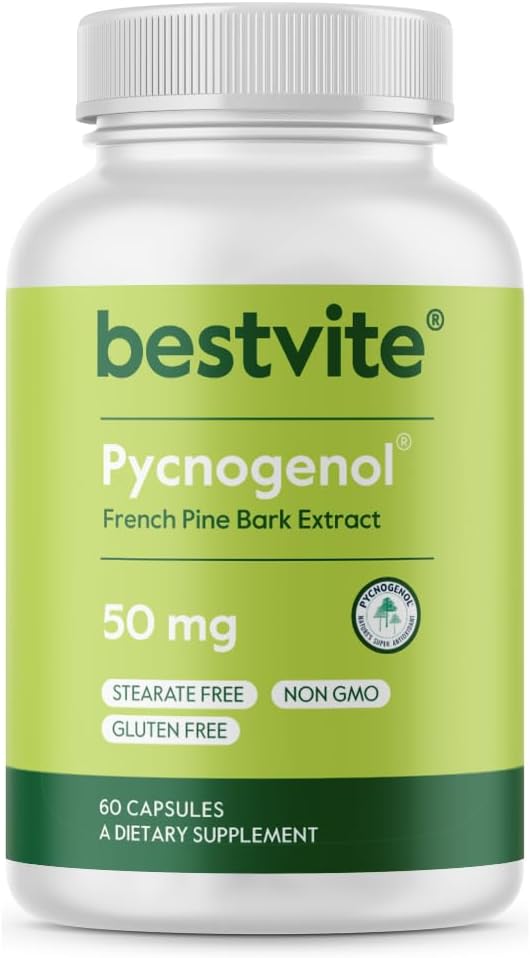 BESTVITE Pycnogenol 50mg (60 cápsulas) - French Maritime Pine Bark Extract - No Stearates - Gluten Free - Non GMO