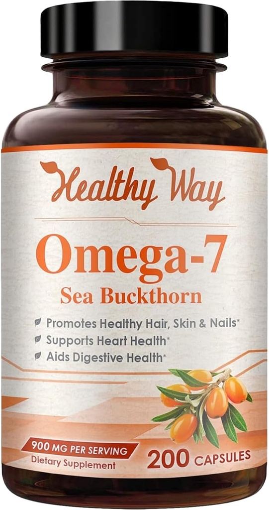 Puro Omega 7 ácidos grasos 200 cápsulas 900 mg de aceite de hebilla del mar natural, NON-GMO USA Made