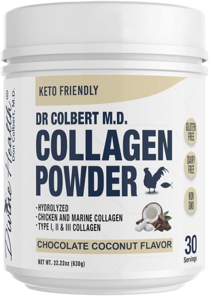 Dr. Colbert, MD Hidrolyzed Collagen Powder ← Chocolate Coconut Flavor Silencio por la Divina Salud Silencio Tipo I, II, III Collagen ← Apoyo Saludable Cabello, Esquí, uñas y articulaciones ← Zona Keto tención 630g Silencio 30 Servimientos