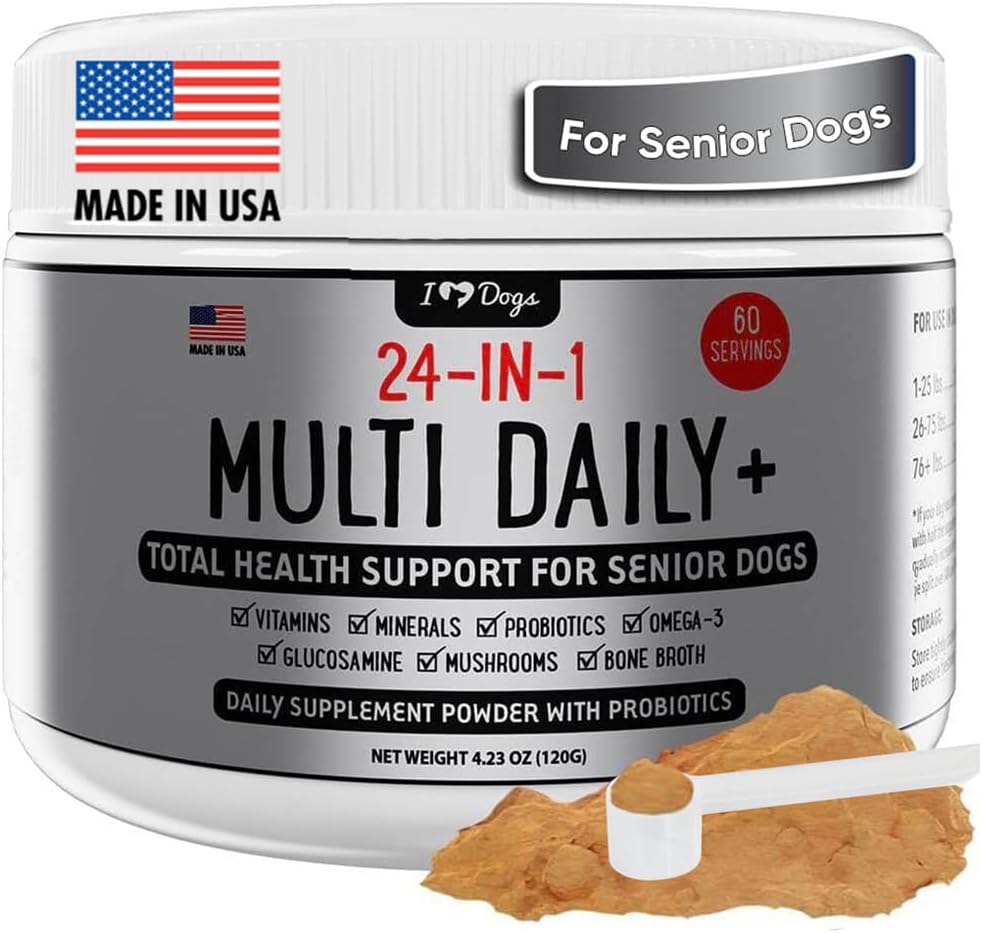 iHeartDogs 24-in-1 Senior Multivitamin Daily+ Total Health Support Powder with Probiotics, Omega-3, Glucosamine, Mushrooms & Bone Broth- 60 Servings