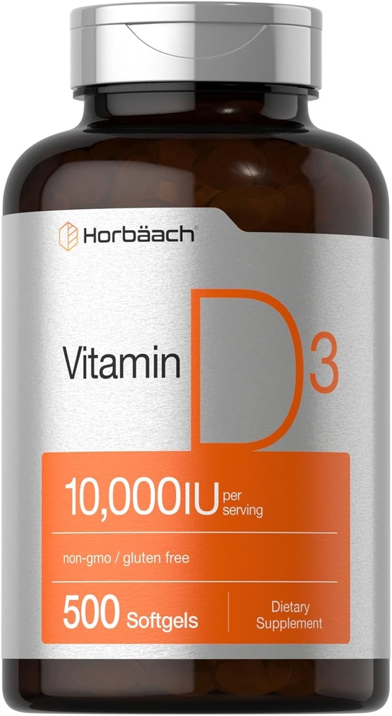 Horbäach Vitamina D3 10000 UI TEN 500 Softgels TENIDO NO GMO, Gluten Suplemento gratuito TENIDO Valor Tamaño ANTE 250mcg ANTE Fórmula de alta potencia