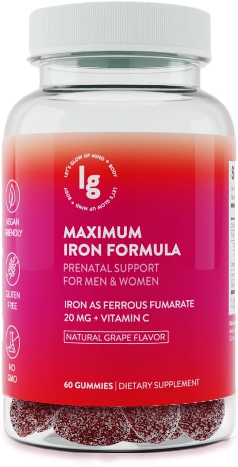 Gummies de hierro – 20 mg de alta absorción Hierro + Vitamina C, B12 &amp; Folate – Vegan, no GMO, Gluten‐Free – Energy &amp; Anemia Support – 60 Ct