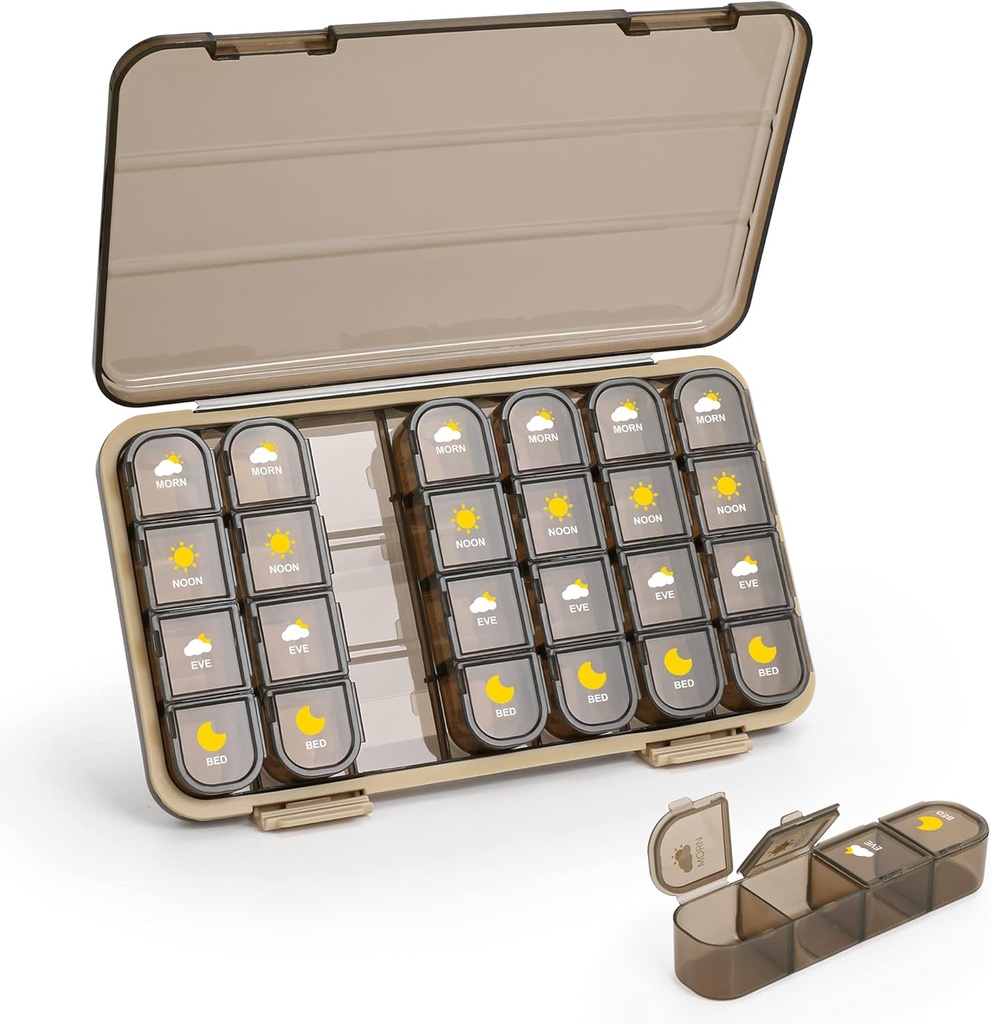Organizador de píldoras 4 veces al día, 7 días caja de píldoras 4 veces al día - Acedada Caja de Medicina Semanal Organizador con Caso Separado, dispensador de contenedores diarios portátiles para suplementos de aceites de pescado de vitaminas, Brown