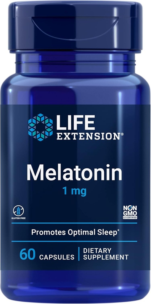 Extensión de la vida Melatonina 1 mg - para Noche Restablecida, Equilibrio hormonal y Salud Inmune - Comunicado inmediato - Gluten-Free, Non-GMO - 60 cápsulas