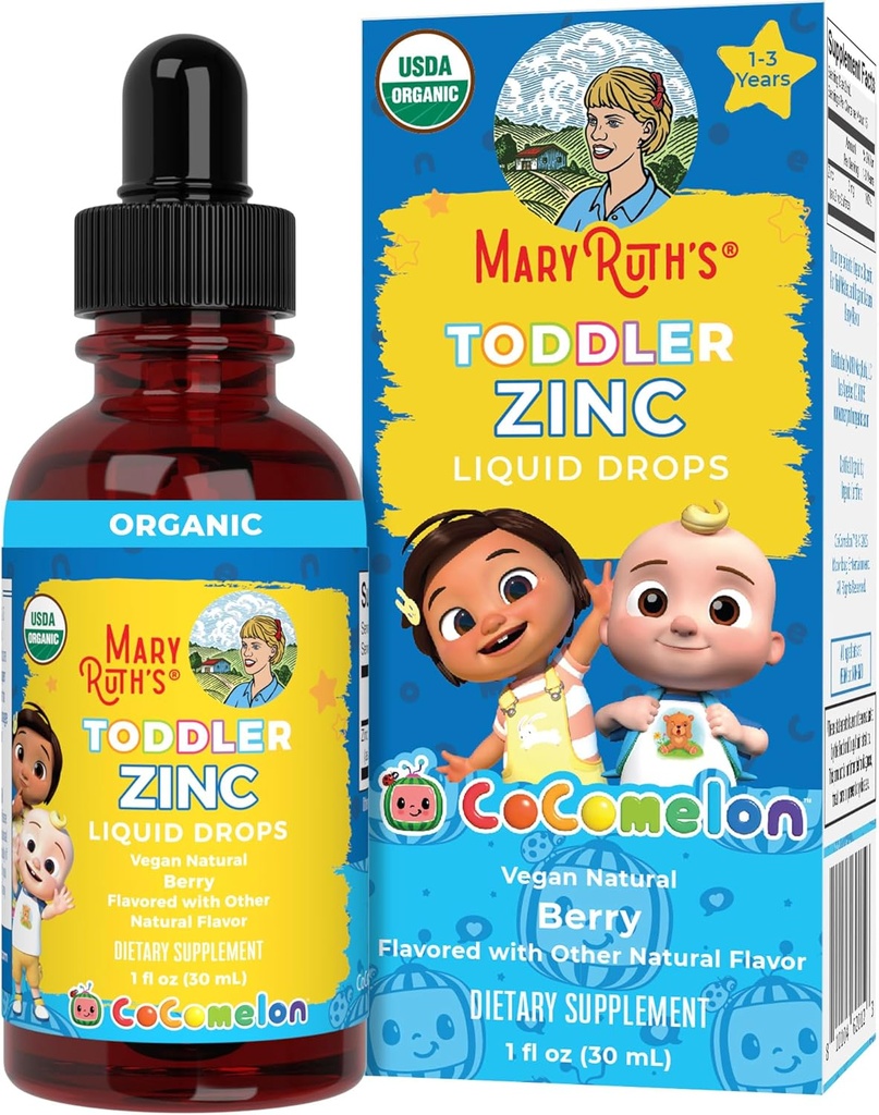 MaryRuth Organics Cocomelon Toddler Liquid Zinc TENIDO Sugar Free TEN USDA Orgánica Silencioso para niños Zinc Sulfate for Ages 1-3 Silencio Apoyo Inmunitario Suplemento para los niños TEN Vegan Silencio No-OMM Silencio Gluten Free ← 1 Fl Oz