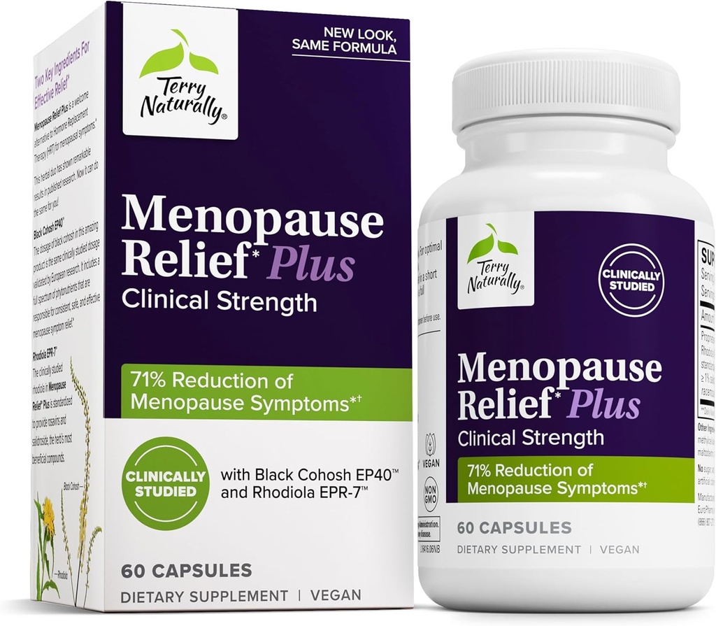 Terry Naturalmente Menopause Relief Plus - Suplemento sintoma de la menopausia - Suplemento de Ayuda Contra la Cansancio ocasional &amp; Suecos nocturnos - Suplemento con Rhodiola &amp; Black Cohosh - 60 cápsulas