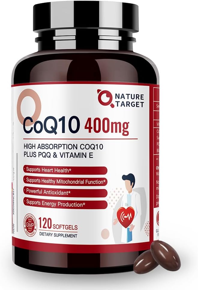 NATURE TARGET CoQ10 400mg con PQQ, Vitamina E &amp; Aceite de Oliva Orgánica - Alta Absorción Coenzima-Q10 con BioPerina - Antioxidante por Corazón-Health y Producción de Energía, 120 Servimientos