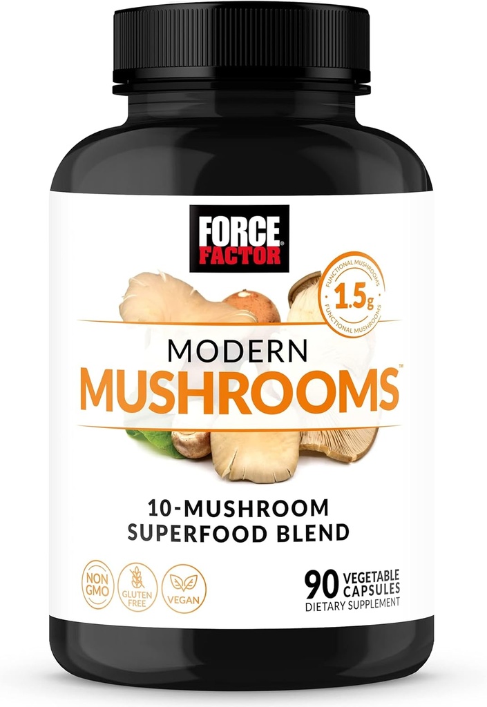 Force Factor Modern Mushrooms Capsules, Mushroom Supplement with Lions Mane, Turkey Tail, & Cordyceps to Support Energy, Focus, Immunity, & Digestion, 90 Vegetable Capsules