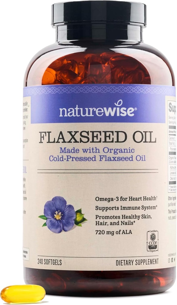 NatureWise Flaxseed Oil 1,242 mg, Fish Free Omega 3 6 9 con 720mg ALA, Suplemento dietético para el apoyo a la salud cardíaca - Orgánico, frío prensado, no GMO - 240 Softgels[8-Month Supply]
