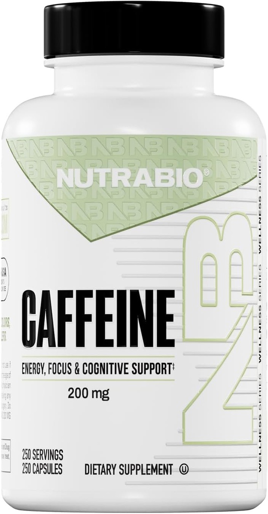 NutraBio 100% Caffeine Capsules puro (250 cápsulas)
