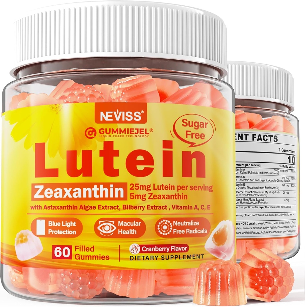 Lutein gratis Azúcar Zaaxanthin Suplementos Gummies (25mg) Vitaminas A, C, E, Bilberry, Astaxanthin - Aceite de coco para una mejor absorción - Adultos &amp; Adolescentes Visión Salud, Estrecho de ojos, Ojos secos - Vegan, 60Cts