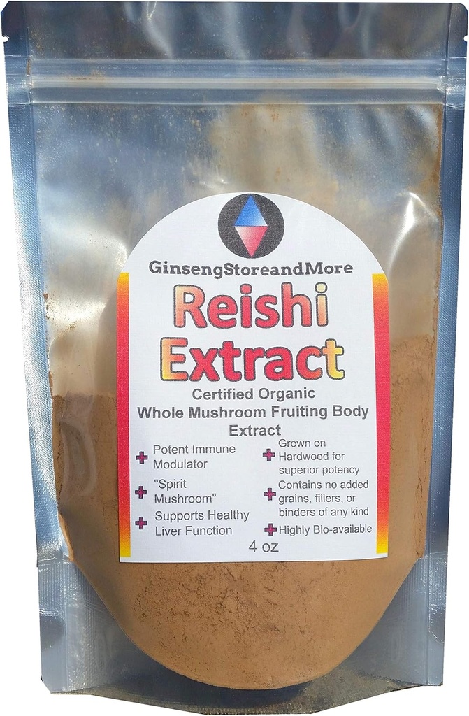 GinsengStoreAndMore 4oz Mushroom Reishi rojo orgánico extraído de los cuerpos de frutas de hongos reales de Nammex   Beta-Glucans ← Ganoderma Lucidum, Ling Zhi 灵芝  durable β-Glucan for Energy, Immune System
