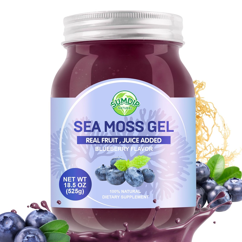 Sea Moss Gel, 18.5OZ Raw Flavored Irish Seamoss Gel Immune y Digestive Support Vitamin Mineral Supplements, Blueberry