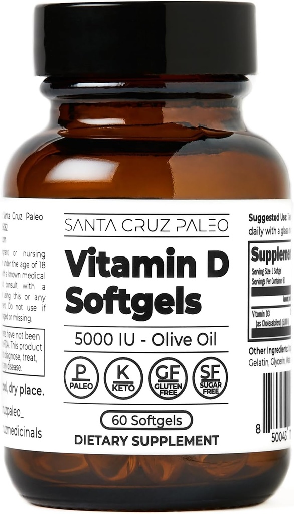 Santa Cruz Paleo Vitamina D Suplemento, Bone Health & Immune Support, 5000 i.u. Per Softgel, Gluten Free, Keto, Sugar Free, Paleo, Vitamina D3, Olive Oil for Absorption, Natural Ingredients, 60 Softgels