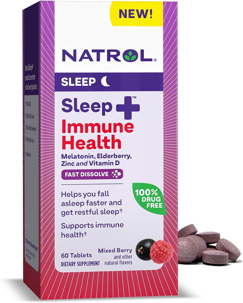 Natrol Sleep + Immune Health Melatonin 6mg con Elderberry, Zinc y Vitamina D, Suplemento dietético para el descanso y el apoyo inmunitario, 60 tabletas mixtas de disuelve rápido sabor a baya, 60 Day Supply