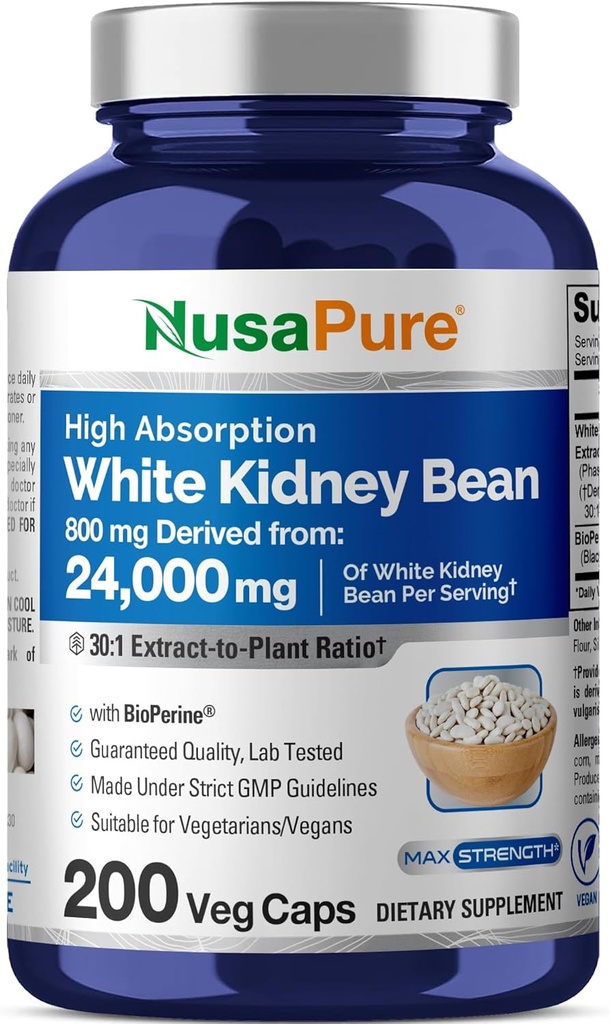 NusaPure White Kidney Beans 30:1 Extracto, 800 mg Equivalente a 24.000 mg 200 cápsulas Vegan - Bioperina - (Vegan, No GMO)