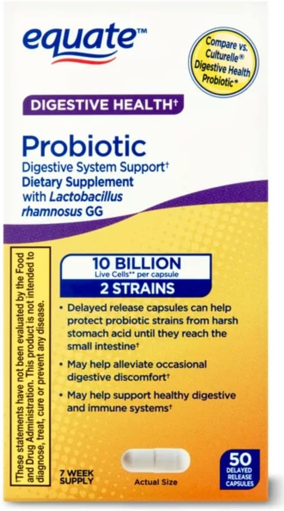 Apoyo al sistema digestivo del suplemento probiótico equivalente - Asistencia sanitaria digestiva general - Minimiza el estreñimiento, diarrea, gas y ruborización -Delayed Release Capsules, 50 Cuenta