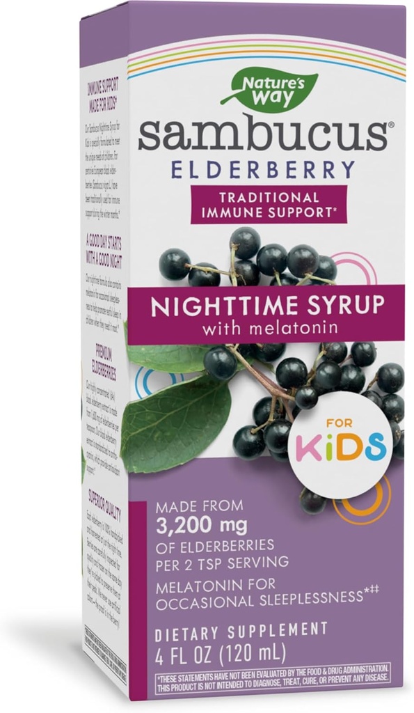 Camino de la Naturaleza Sambucus Elderberry Nighttime Syrup para niños con Melatonina, Immune Support*, 4 Fl Oz