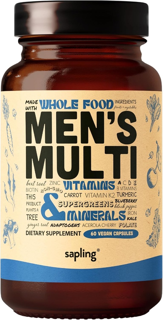 Multivitamínico para Hombres - Complejo Multivitamina de Hombres Diarios - Metilada B con ingredientes alimenticios completos, vitamina B12, folato, A, C, D3, E, K2, Frutas orgánicas " Verduras - Vegan, No GMO - 60 cápsulas