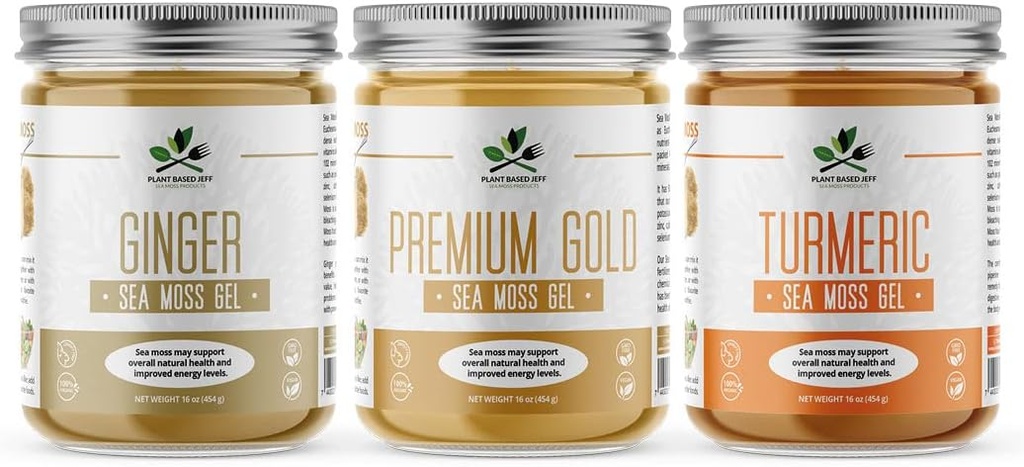 Planta Basada Jeff Organic Sea Moss Gel Bundle con Turmeric, Ginger, Plain, 3x16 oz. Natural Wildcrafted Superfood, Immune Defense and Digestive Support, Non-GMO, Vegan y Keto