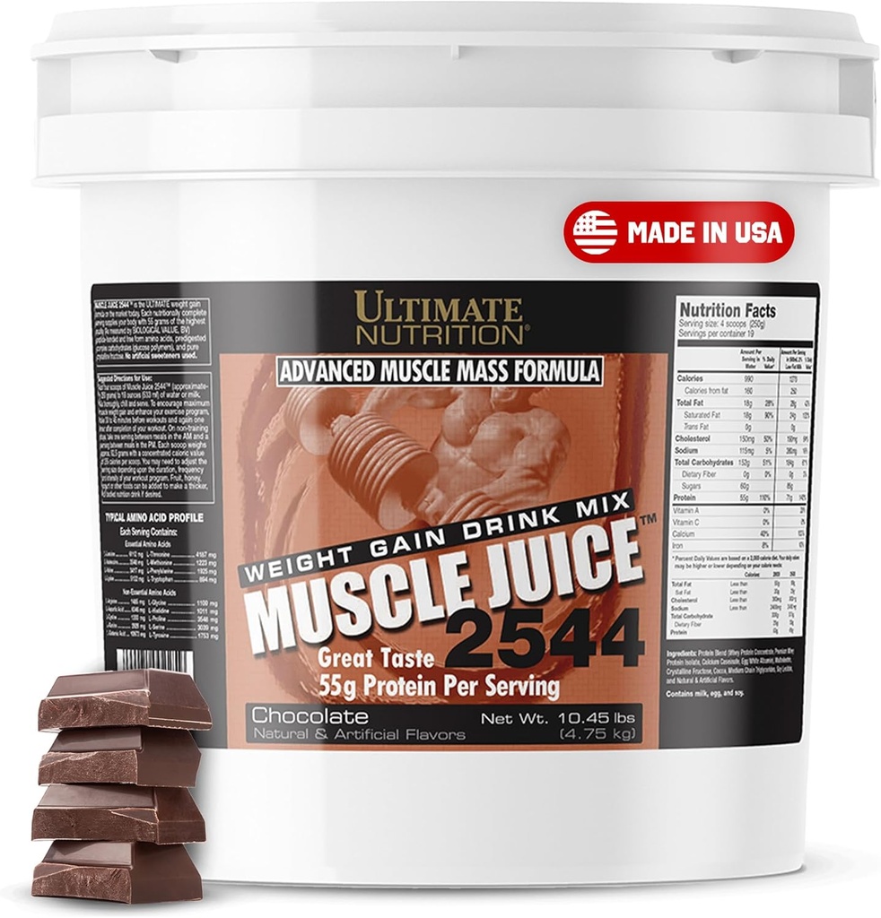 Ultimate Nutrition Muscle Juice, Weight Gain Drink Mix - Mass Gainer Workout Powder for Men &amp; Women - Suplemento para el crecimiento del músculo magro &amp; Immune Support with 55g Protein - Chocolate, 10.45lb