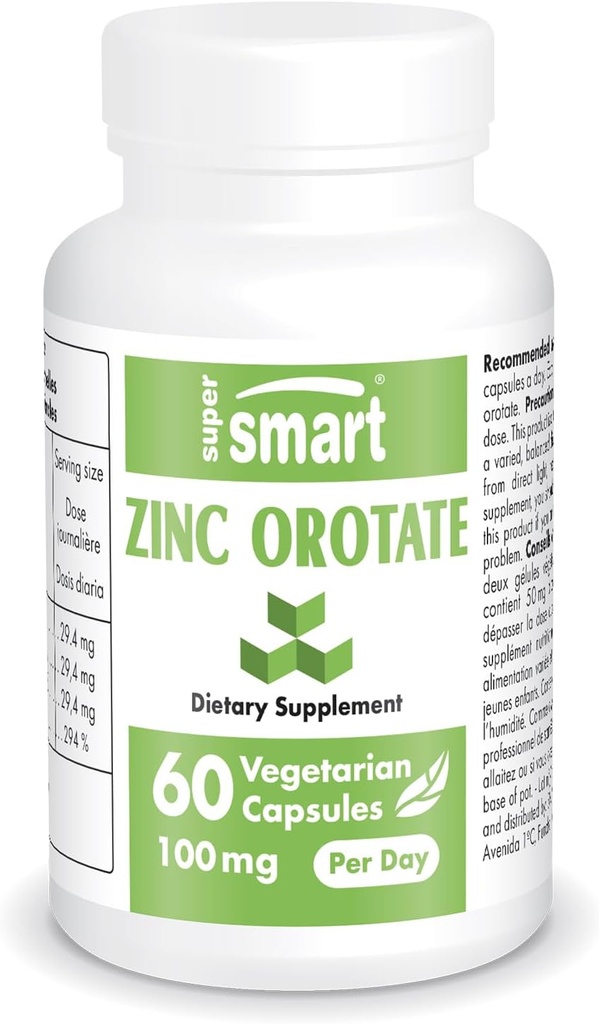 Supersmart - Zinc Orotate Suplemento 100mg por día (Formación Mejorada) - Immune Support - Energía &amp; Metabolismo Booster - Mild Acne Pills - Skin Health ← Non-GMO & Gluten Free - 60 cápsulas vegetarianas