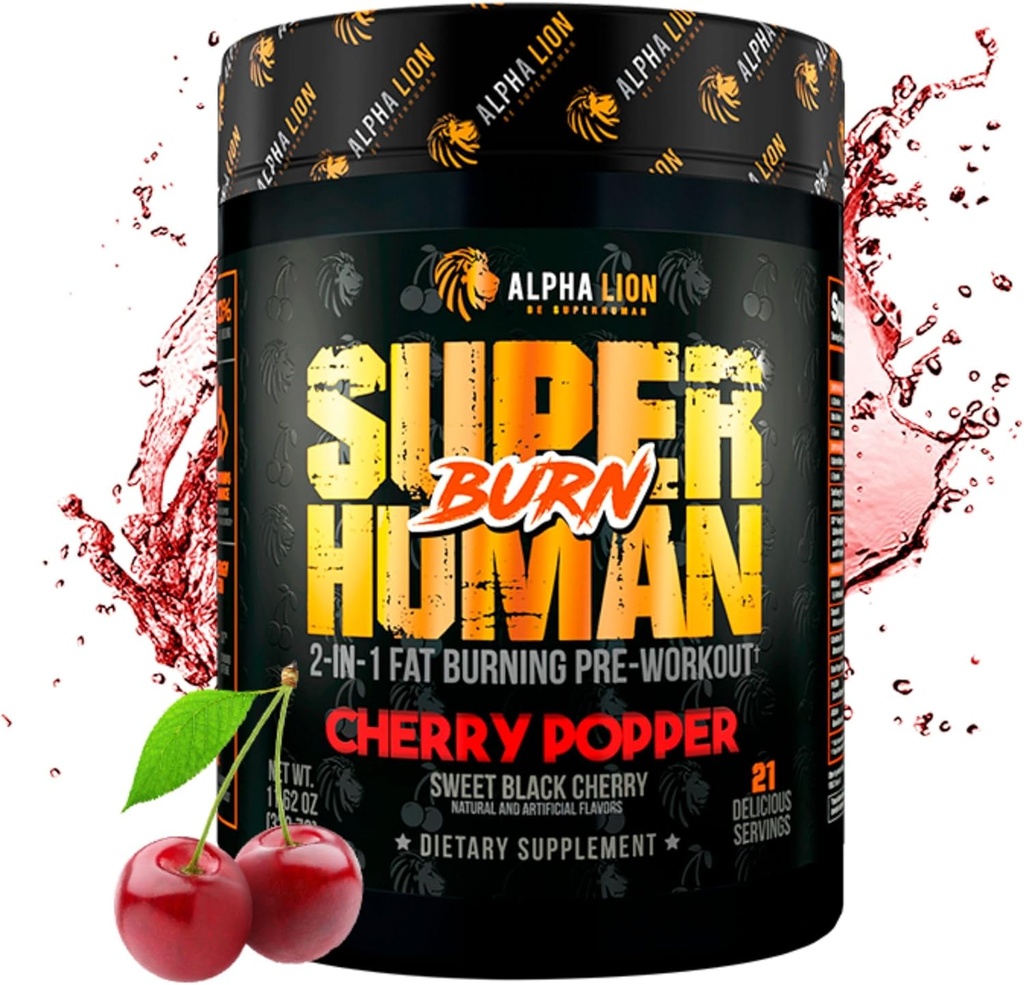 ALPHA LION Superhuman Burn – 2 en 1 Metabolismo Booster Pre Workout y Thermogenic Fat Burner para Hombre – Appetite Suppressant and Weight Loss Suplemento (21 Servings, Sweet Black Cherry Flavor)